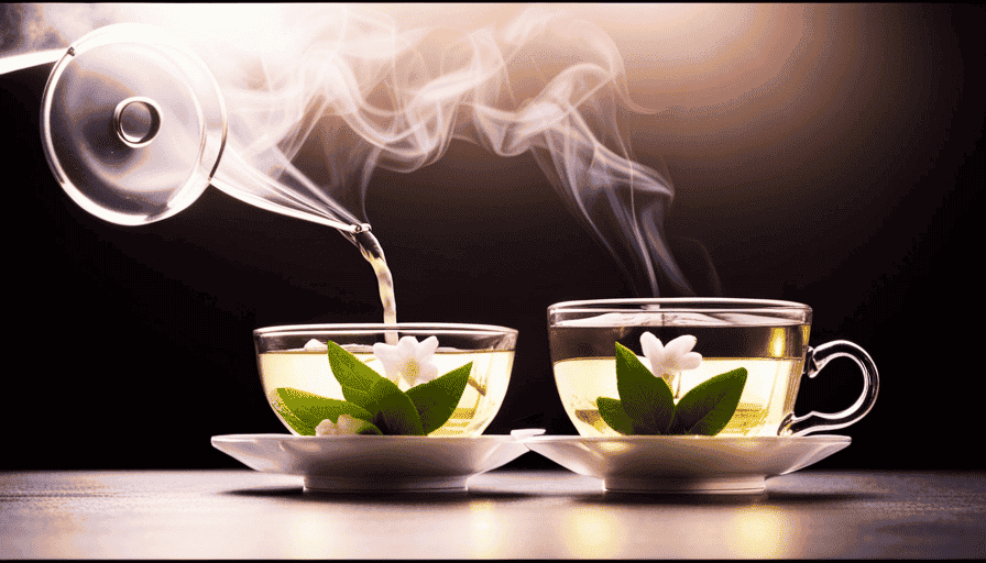 An image showcasing the serene process of making jasmine flower tea: a delicate porcelain teapot pouring steaming water over a blooming jasmine flower, releasing its fragrant essence, while tea leaves gently unfurl in a glass cup