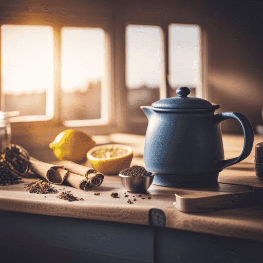 An image of a cozy kitchen counter with a steaming mug of lemon ginger herbal tea