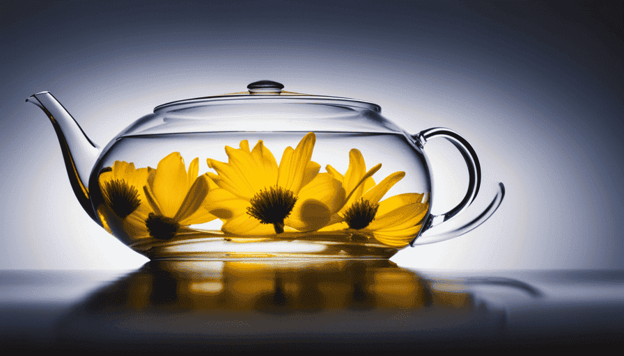 An image of delicate linden flowers, freshly picked and gently steeping in a clear glass teapot, their vibrant yellow petals gracefully unfurling in a swirl of warm water, releasing a fragrant aroma that invites tranquility