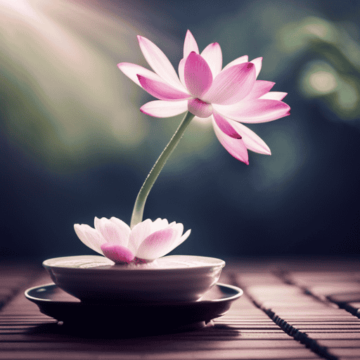 An image of a serene, zen-like scene, capturing the delicate beauty of a blooming lotus flower in a teapot, surrounded by steam gently rising, showcasing the step-by-step process of making lotus flower tea