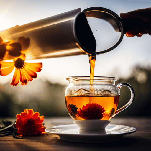 An image showcasing the step-by-step process of preparing marigold flower tea: a hand gently plucking vibrant marigold petals, a teapot pouring boiling water over the petals, and a cup of golden-hued tea being enjoyed