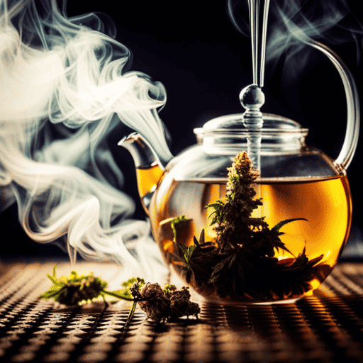 -up shot of a steaming teapot filled with clear, golden liquid, infused with vibrant green marijuana flowers
