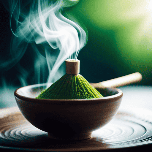 An image showcasing the serene process of making matcha green tea: a traditional bamboo whisk artfully blending vibrant green powder into a ceramic bowl, while steam gently rises, evoking a tranquil atmosphere