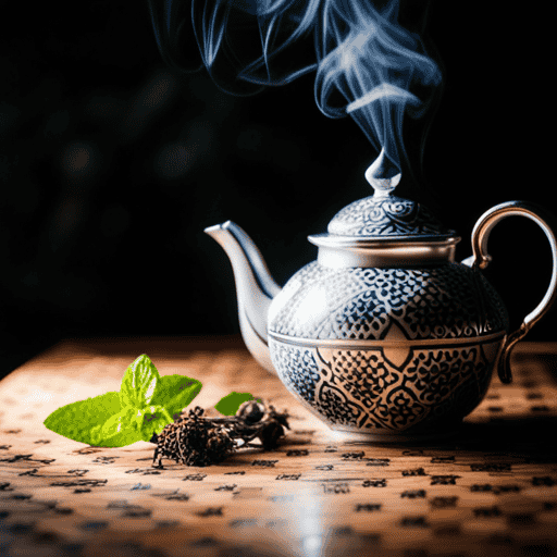 An image showcasing a vibrant Middle Eastern teapot adorned with intricate patterns, filled with fragrant mint leaves, dried sage, and chamomile flowers; a delicate steam rises, evoking the aromatic essence of Middle Eastern herbal tea