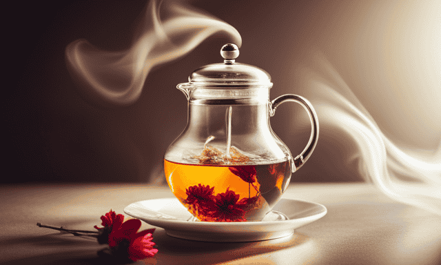 An image capturing the essence of brewing Milk Oolong tea: a clear glass teapot filled with vibrant, golden-hued liquid, swirling with delicate, creamy tendrils, while wisps of steam gently rise from the surface