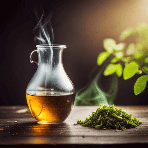An image showcasing the delicate process of brewing Moringa flower tea: a vibrant green tea bag submerged in steaming water, surrounded by blooming Moringa flowers, emitting a soothing aroma