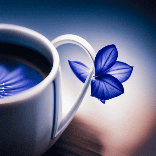 -up shot of a delicate porcelain teacup filled with vibrant blue morning glory flower tea, steam gently rising from the surface