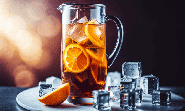 An image showcasing a clear glass pitcher filled with golden-hued Oolong iced tea, adorned with ice cubes and fresh slices of orange, mint leaves gently floating on the surface