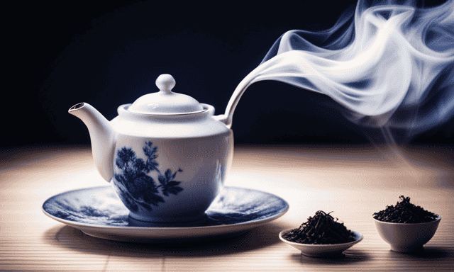 An image showcasing a serene scene of a porcelain teapot pouring warm Oolong tea infused with milk into a delicate teacup, while wisps of steam gently rise, evoking a soothing and indulgent tea experience
