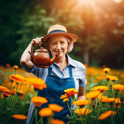 An image showcasing a serene scene of a person gently plucking vibrant orange calendula flowers from an organic garden, with sunlight filtering through the leaves and a vintage teapot nearby