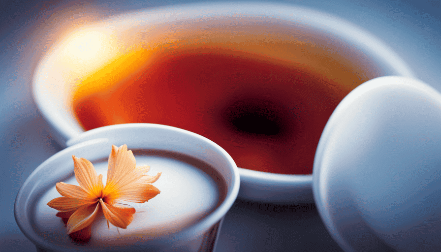 An image of a delicate porcelain teacup filled with fragrant papaya flower tea, steam gently rising from the cup