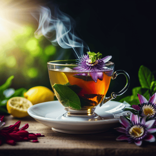 An image showcasing a vibrant teacup filled with steaming passion flower extract tea, adorned with fresh lemon slices and a sprig of mint, surrounded by colorful, blooming passion flowers in a serene garden setting