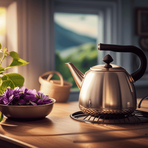 An image showcasing a serene countryside scene in Farmville 2: A cozy farmhouse kitchen with a kettle steaming on the stove, vibrant passion flower blossoms scattered on the countertop, and a teacup filled with fragrant, golden passion flower tea