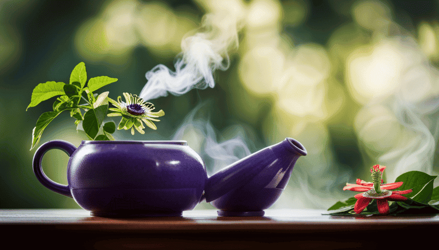 An image showcasing a serene scene: a delicate, vibrant passion flower blooming beside a steaming teapot, surrounded by fresh, aromatic leaves