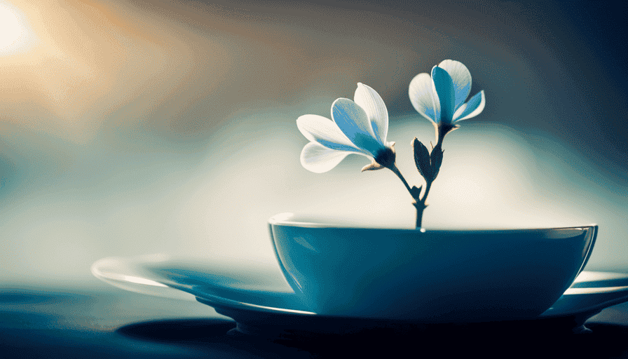An image depicting a serene teacup, brimming with vibrant, pale blue pea flower tea, gently swirling in wisps of steam