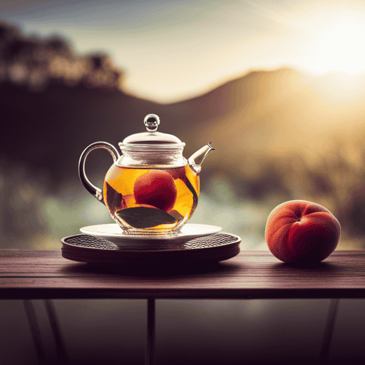 An image showcasing the steps to make peach herbal tea: a teapot filled with simmering water, ripe peaches sliced and steeping, steam rising, a delicate tea cup ready to be filled