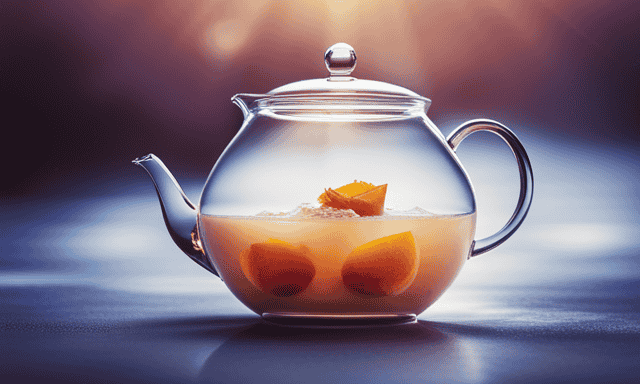 An image showcasing a clear glass teapot filled with golden-hued Peach Oolong Milk Tea, gently swirling with delicate peach slices and tea leaves