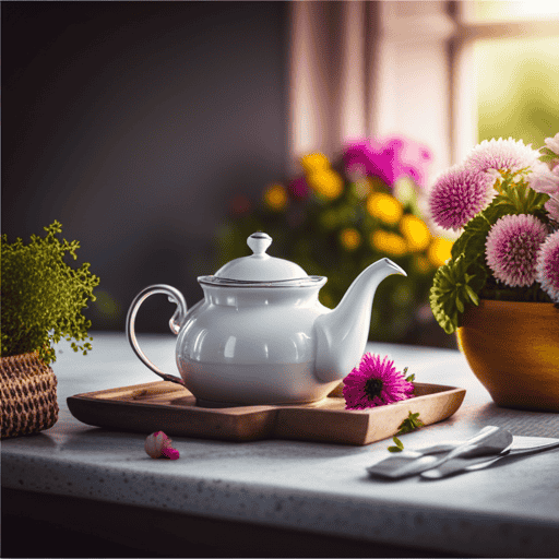 An image showcasing a serene, sunlit kitchen scene: a steaming teapot gently pouring aromatic herbal tea into a delicate porcelain cup, adorned with fresh herbs and vibrant flowers