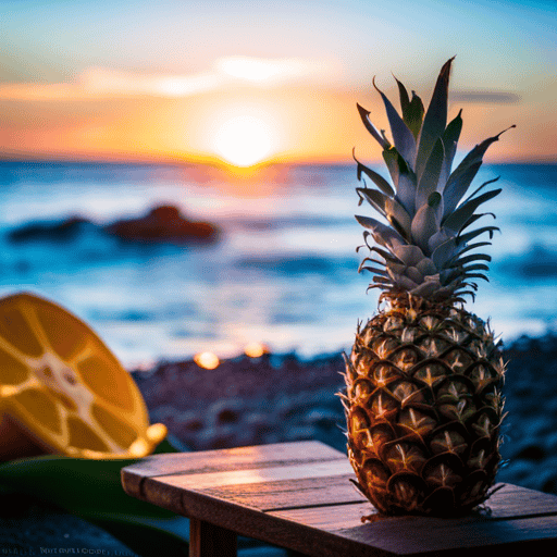 An image showcasing a serene tropical scene with a vibrant, sun-kissed pineapple placed on a wooden table, surrounded by aromatic Kona Pop herbal tea leaves, inviting readers to learn how to craft this refreshing tea infusion