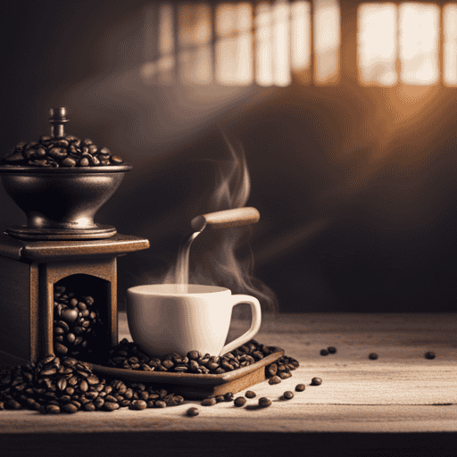 An image that captures the process of brewing a comforting cup of Postum: a steaming mug surrounded by rich, aromatic coffee beans, a vintage coffee grinder, and a rustic wooden spoon stirring the warm beverage