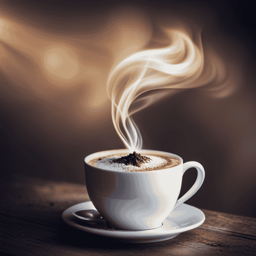 An image capturing the art of crafting a warm cup of Postum: a steaming mug adorned with frothy almond milk, delicate wisps of aromatic steam, and a sprinkle of cocoa powder on a rustic wooden table
