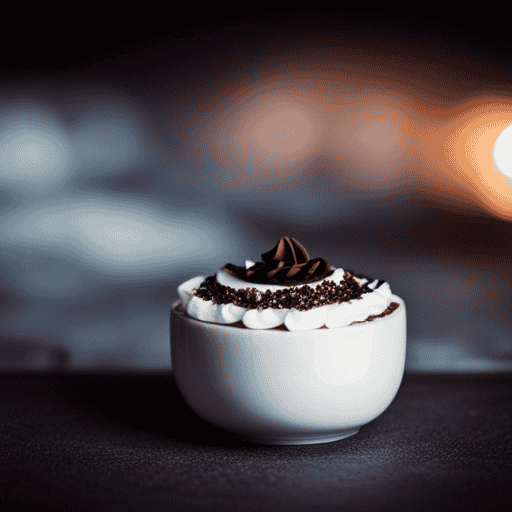 An image showcasing a steaming cup of velvety raw cacao drink, adorned with a swirl of coconut cream, topped with finely grated dark chocolate, and garnished with a sprinkle of crushed cacao nibs