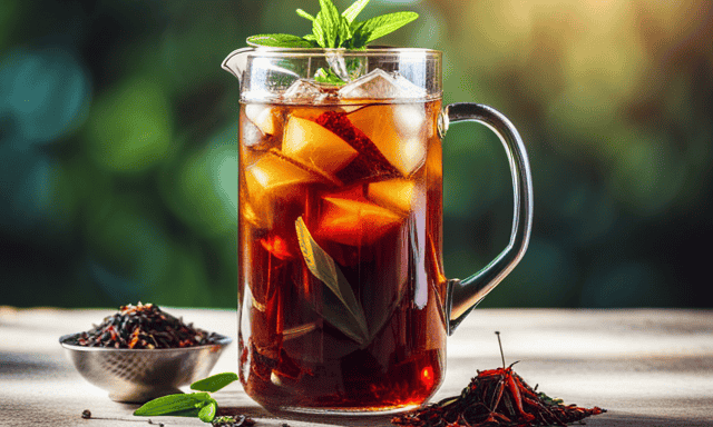 An image showcasing a glass pitcher filled with vibrant red Rooibos iced tea, surrounded by a variety of loose tea leaves in different colors and textures