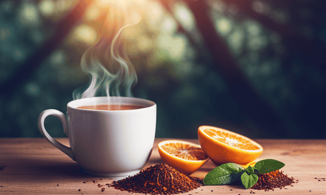 An image showcasing a vibrant cup of rooibos tea infused with slices of juicy citrus fruits, fragrant sprigs of fresh mint, and sprinkles of aromatic cinnamon, all beautifully arranged on a wooden table
