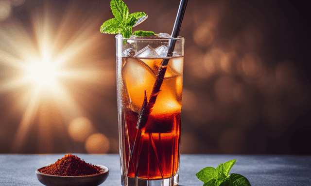 An image featuring a tall glass filled with ruby-red Rooibos iced tea, glistening with condensation