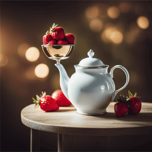 An image showcasing a vibrant teapot, brimming with freshly brewed strawberry herbal tea