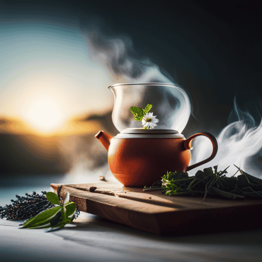 An image showcasing a steaming teapot filled with vibrant, freshly plucked herbs, gently infusing in hot water