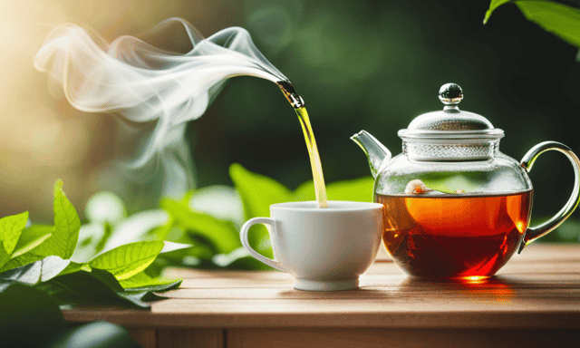 An image showcasing the art of brewing sweet Oolong tea: a delicate porcelain teapot pouring warm amber liquid into a teacup, with wisps of steam rising, surrounded by vibrant tea leaves and a serene tea garden backdrop