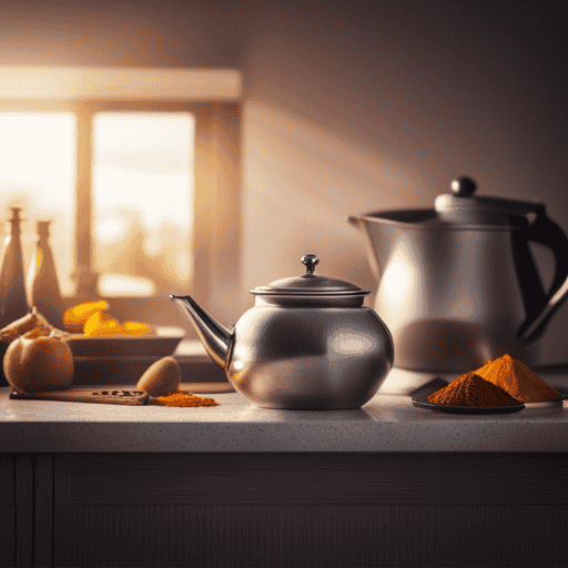 An image showcasing a serene kitchen scene with a steaming teapot on a stove, while fresh zucchini and vibrant turmeric are perfectly arranged nearby, ready to be transformed into a delightful tea