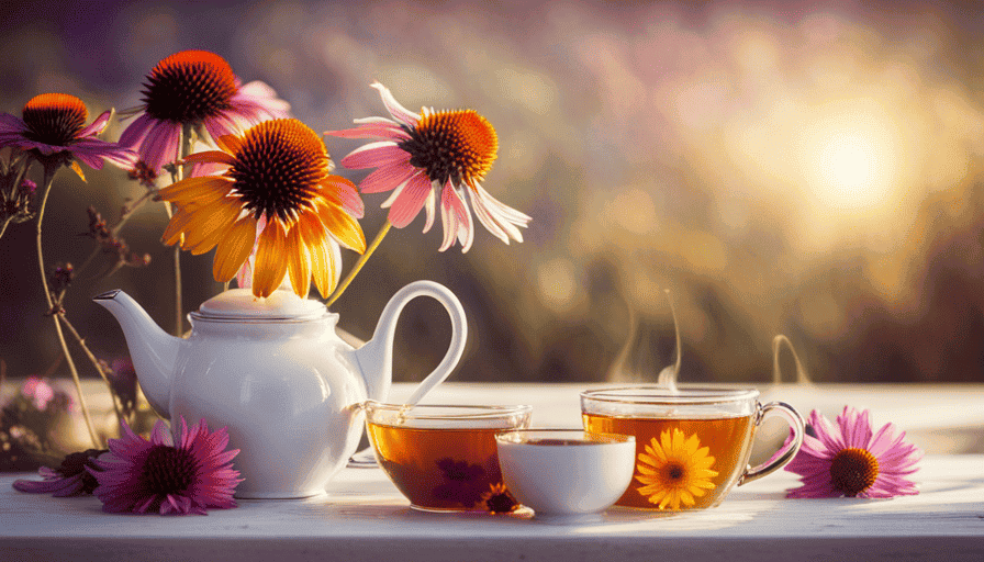 An image showcasing the step-by-step process of making Echinacea flower tea: a vibrant bouquet of freshly picked flowers, delicate petals being steeped in a teapot, and a soothing cup of golden tea being poured into a porcelain cup