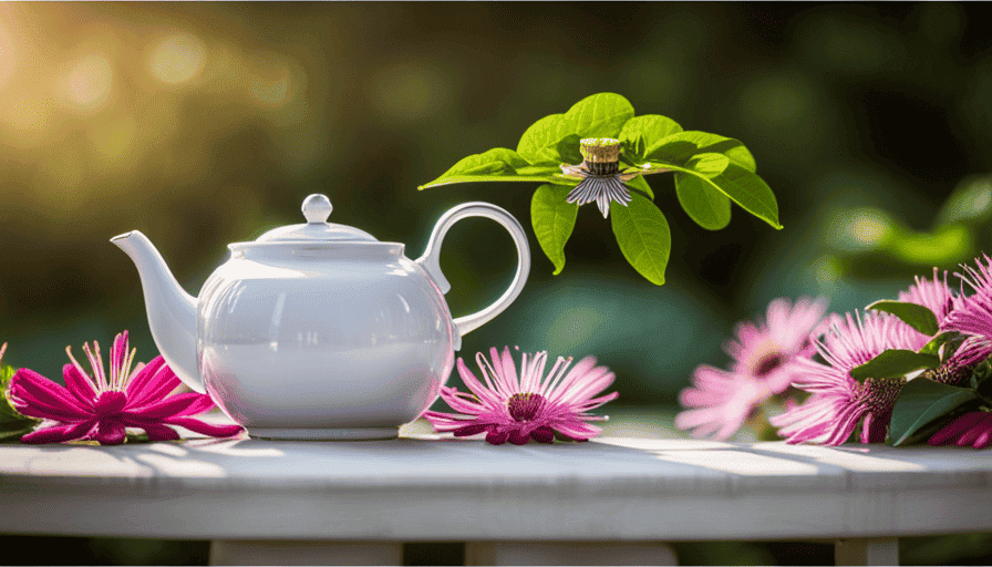 An image showcasing a serene, sun-dappled garden scene where delicate passion flower leaves are carefully plucked and steeped in a teapot, infusing the air with a tantalizing aroma