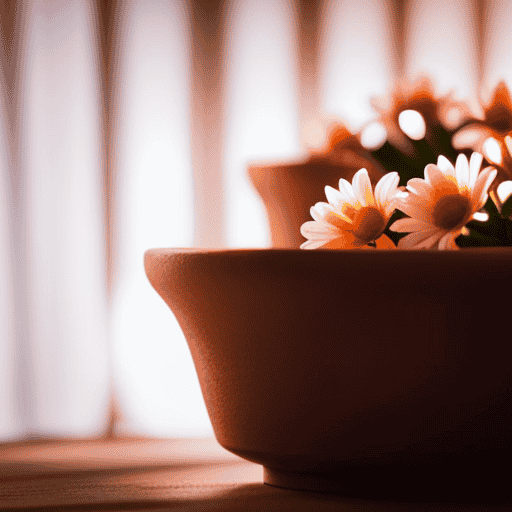 An image featuring a pair of skillfully handcrafted clay flower pots, adorned with delicate floral patterns, gently emitting a warm glow from tea light candles nestled within