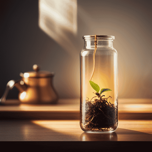An image of a glass jar filled with golden-hued, aromatic tea leaves, gently steeping in a pool of simmering syrup