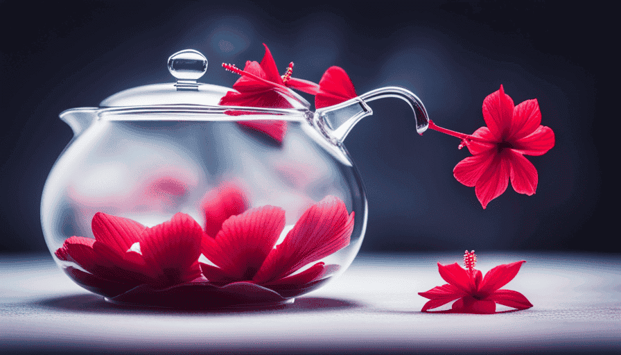 An image capturing the vibrant crimson petals of freshly plucked hibiscus flowers floating gracefully in a steaming teapot, infusing the water with their invigorating aroma and rich ruby hue