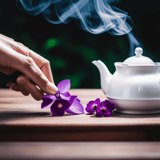 An image showcasing a serene garden scene: A pair of delicate hands gently plucking fresh violet leaves and flowers, while a steaming teapot sits on a vintage wooden table nearby, filled with a vibrant infusion of the violet leaves