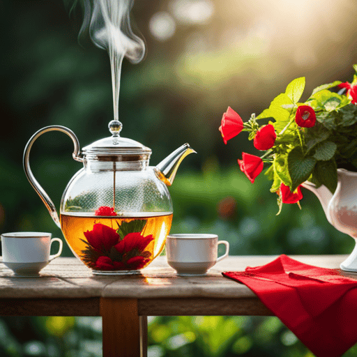 an image showcasing the intricate process of brewing Turk's Cap Flower tea: an elegant teapot pouring steaming water over vibrant red Turk's Cap flowers, with delicate steam rising and a teacup awaiting, surrounded by a serene tea garden backdrop