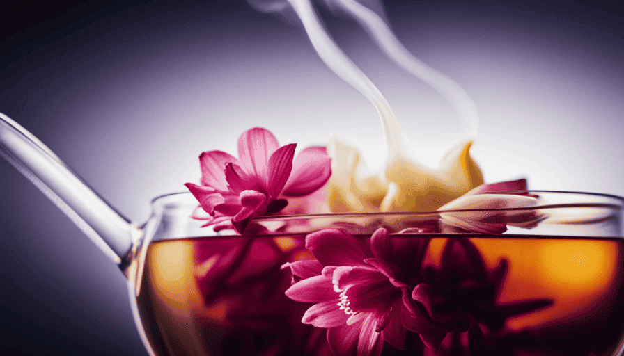 An image showcasing the delicate process of brewing flower tea: A vibrant, blooming flower submerged in a clear glass teapot, its petals unfurling gracefully as the hot water cascades over it, releasing a fragrant aroma
