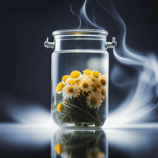 -up shot of a glass jar filled with vibrant, freshly picked chamomile flowers and fragrant rosemary sprigs, submerged in boiling water