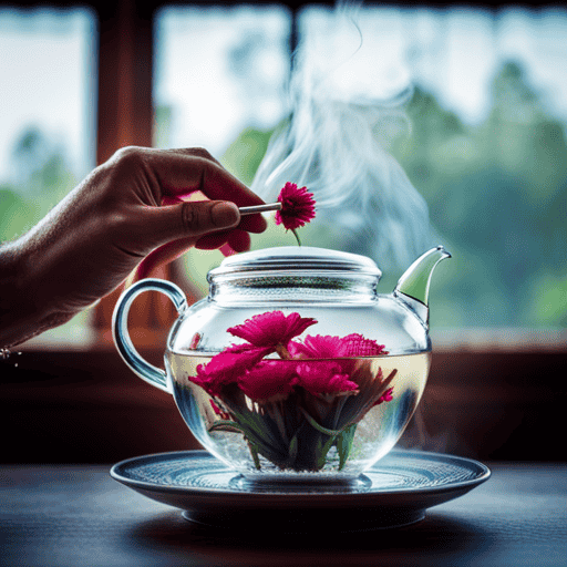 An image showcasing the serene process of making Torch Flower Tea: a pair of delicate hands gently steeping vibrant torch flowers in a clear glass teapot, as the petals gracefully unfurl amidst swirling tendrils of steam
