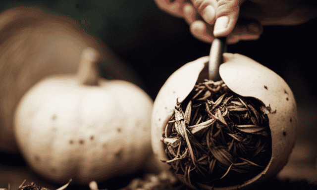An image showcasing a skilled hand gently placing freshly harvested yerba mate leaves into a hollow gourd, while hot water cascades from a traditional bombilla, creating a mesmerizing infusion