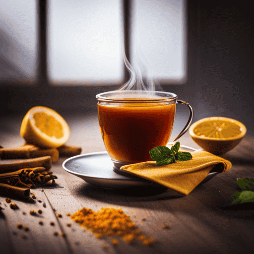 An image showcasing a vibrant, steaming cup of turmeric tea infused with hints of zesty lemon and refreshing mint leaves