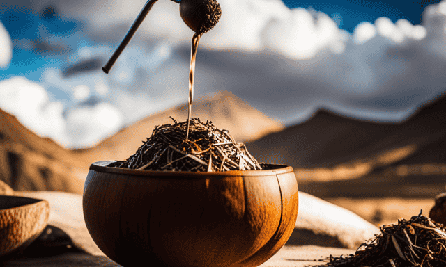 An image showcasing the step-by-step process of brewing traditional yerba mate: a wooden gourd filled with loose yerba mate leaves, a metal straw (bombilla), hot water being poured into the gourd, and a hand holding the gourd, ready for sipping