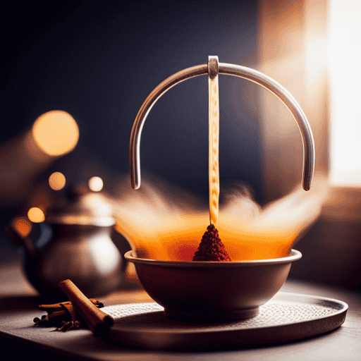 An image showcasing the serene process of making Yogi Tea at home: a steaming tea pot on a stove, aromatic spices gently simmering, a strainer pouring the golden elixir into a cup adorned with a cinnamon stick