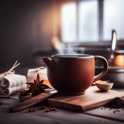 An image showcasing a serene kitchen scene: a steaming mug of Yogi Tea Bag sits beside a teapot filled with aromatic spices, while delicate tea bags hang from a wooden spoon, surrounded by vibrant ingredients and a cozy teacup
