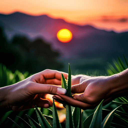 An image showcasing a serene scene: a pair of hands gently harvesting fresh aloe blossoms, surrounded by lush greenery and vibrant flowers, against a backdrop of a warm, golden sunset