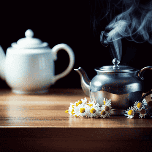 An image showcasing a serene scene with a rustic wooden table adorned with fresh chamomile flowers, mint leaves, and a teapot surrounded by delicate steam, evoking the soothing process of crafting your own herbal tea